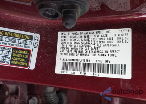 2015 Honda Cr-V Lx из США, поврежденный, VIN 5J6RM4H39FL015289